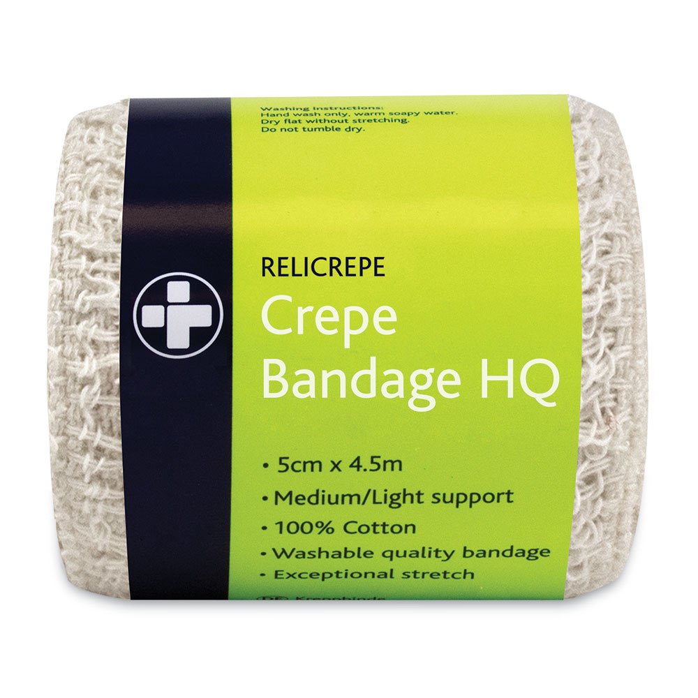 Reliance Medical Relicrepe Crepe Bandage HQ - Washable and Stretchable, Suitable for Treating Sprains, Strains and Minor Aches, 100 Percent Cotton, 5 cm x 4.5 m,Pack of 10