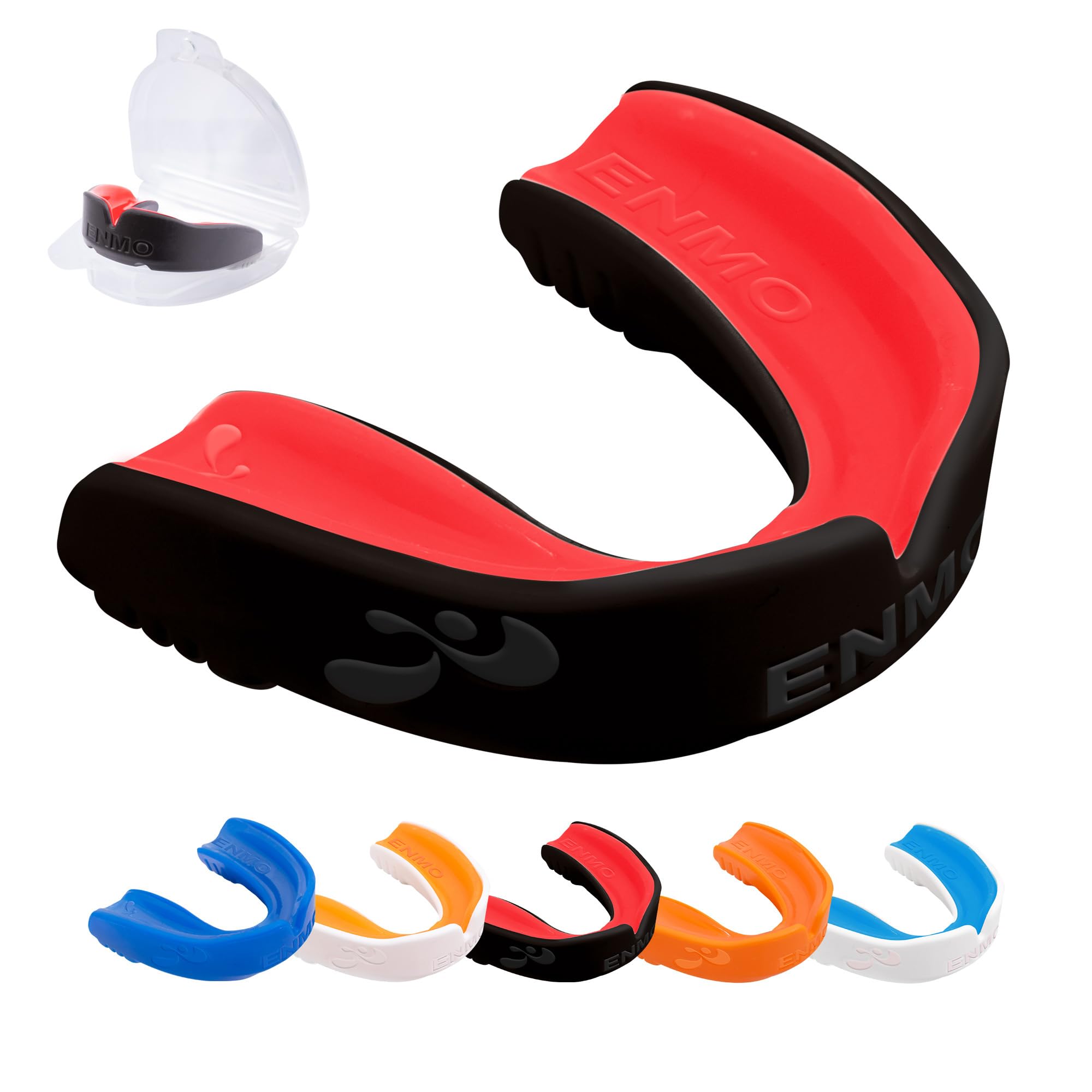 Enmo Maxilla Gel Mouthguard – with Case, Adults & Kids 10+, Breathing Channel Technology, Boil & Bite, Comfortable, Anti Microbial, Rugby, Boxing, MMA, Judo, Hockey & All Contact Sports, Black & Red