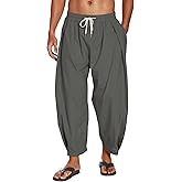COOFANDY Men's Cotton Linen Harem Pants Drawstring Casual Cropped Trousers Lightweight Loose Beach Yoga Pants with Pockets