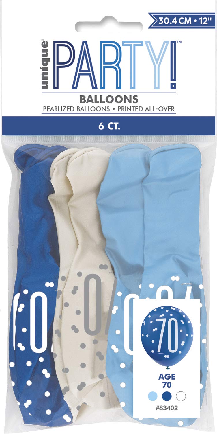 Vibrant 70th Glitz Latex Balloons in Light Blue, Royal Blue, & White (30cm) - Perfect for Parties, Celebrations & Events - 6ct