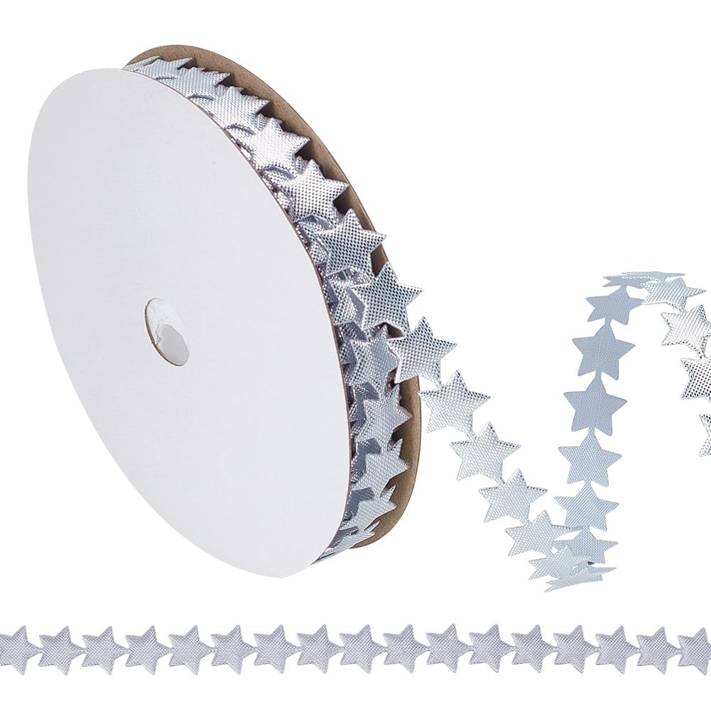 HOBBIESAY 20 Yards(18.29m) Halloween Star Ribbon 13mm Silver Star Ribbon Trim Star Ribbons Trim Embellishment Polyester Star Ribbon for DIY Clothes Gift Home Decoration