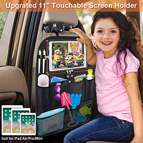 Backseat Car Organizer with 4 USB Charging Port, 11'' Touch Screen Tablet Holder, Seat Back Protectors Kick Mats for Toy Bottle Book Drink, Universal Fit Travel Accessories for Kid & Toddlers (2 Pack)