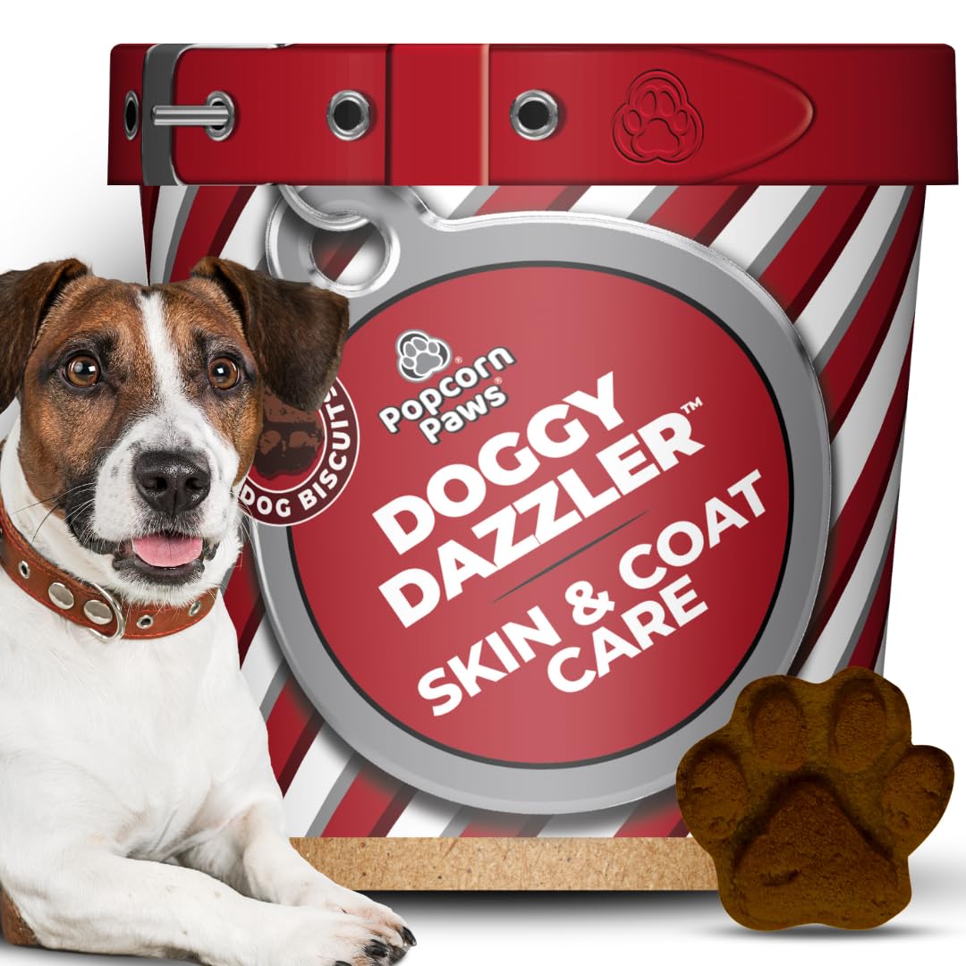 Popcorn Paws - Doggy Dazzler, Skin & Coat Care for Dogs - Reduces Shedding & Itching for Dogs, For All Breeds - Reduces Inflammation from Scratching - Tasty Chicken Flavour, 120g