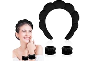 SULCAR Spa Makeup Headband for Washing Face, Sponge Skincare Face Wash headbands for Women Girls - Bubble Soft Terry Towel Cloth Hair Band for Skincare Makeup Removal, Puffy Non Slip Thick Headwear(Black)