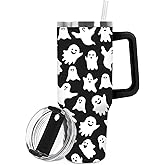 JarThenaAMCS Halloween Tumbler with Lid and Straw 40oz Black White Ghost Tumbler with Handle Cute Boo Stainless Steel Cup for Home Office Travel