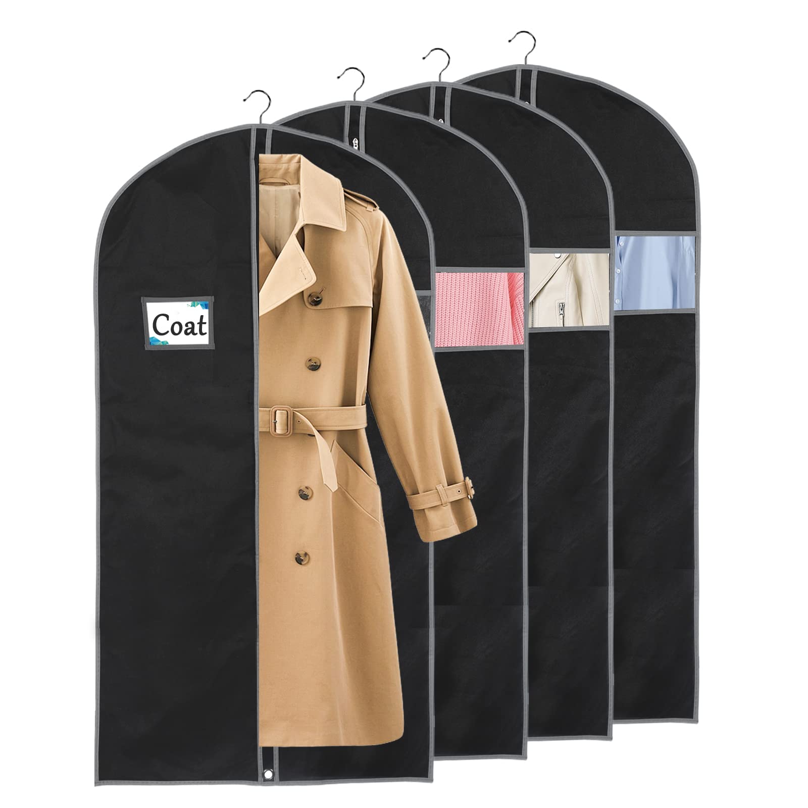 HATTERTOP Garment Bags for Storage [4 Pcs] Dress Bag Dustproof Breathable Clothes Covers Suit Bag with Zipper for Closet and Travel, Black, 24''x60''-4pcs (QF-60-4)