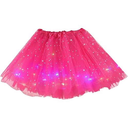 FANSHONN Women's Elastic Waist Sequins Mesh Pleated Tutu Tulle Princess Ballet Dance Skirt with LED Small Bulb Skirt Hot Pink