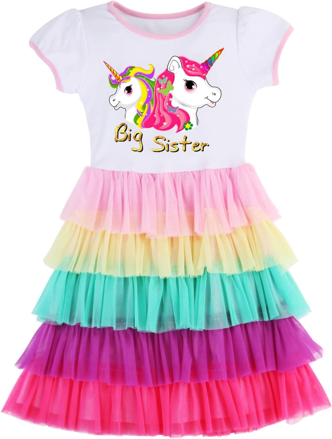 PrinceSasa Elegant Girls Clothes Unicorn Rainbow Party White Cupcake Short Sleeve Big Sister Spring Dress for Princess Toddler Birthday Outfits Dresses,5T05B,2-3 Years(Size 100)