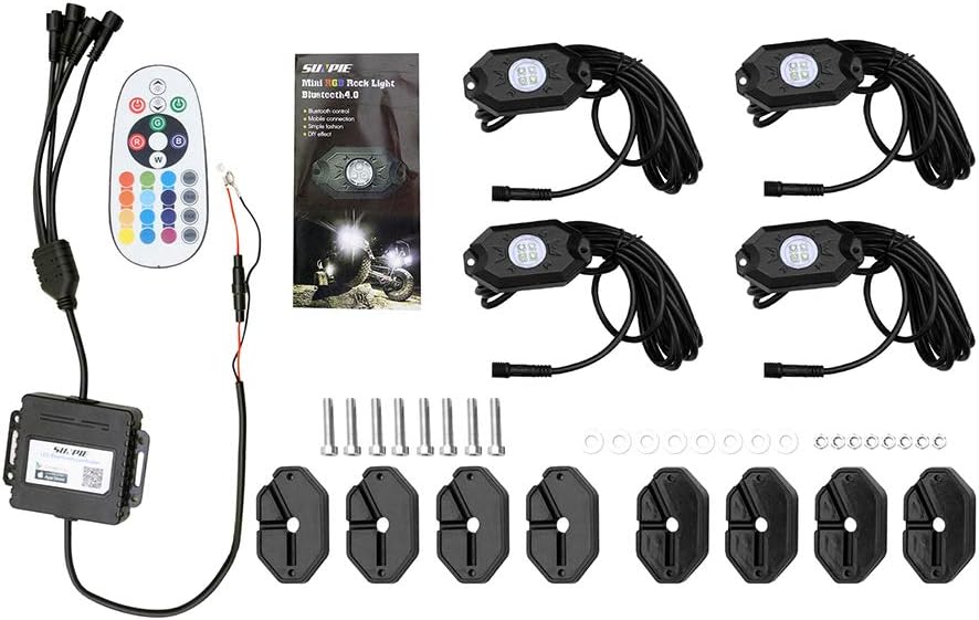 SUNPIE RGB LED Rock Lights -4 Pod Lights with Phone App/Remote Control & Timing & Music Mode & Flashing & Automatic Control Neon Lights Under Off Road Truck SUV ATV(11.5 Ft Rock Lights Wires Equipped): Automotive