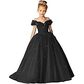 GETCUTE Off Shoulder Flower Girl Dress Elegant Puffy Tulle Pageant Gown Sparkly Pearls Formal Evening Party Dresses