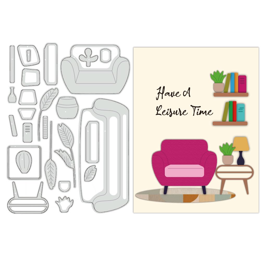 BENECREAT Sofa Bookshelf Cutting Dies Stencils, Potted Plant Home Theme Die Cuts DIY Craft Embossing Template for Card Making Photo Decorative Paper Scrapbooking, 0.8mm Thick