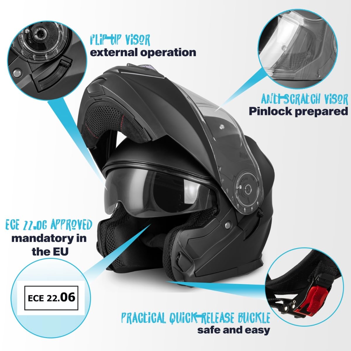 VINZ Santos Klapphelm mit Sonnenblende | ECE 22.06 & PINLOCK vorbereitet | Motorrad Helm Integralhelm | Motorradhelm Klappbar | In Gr. XS-XXL - Matt Schwarz 2