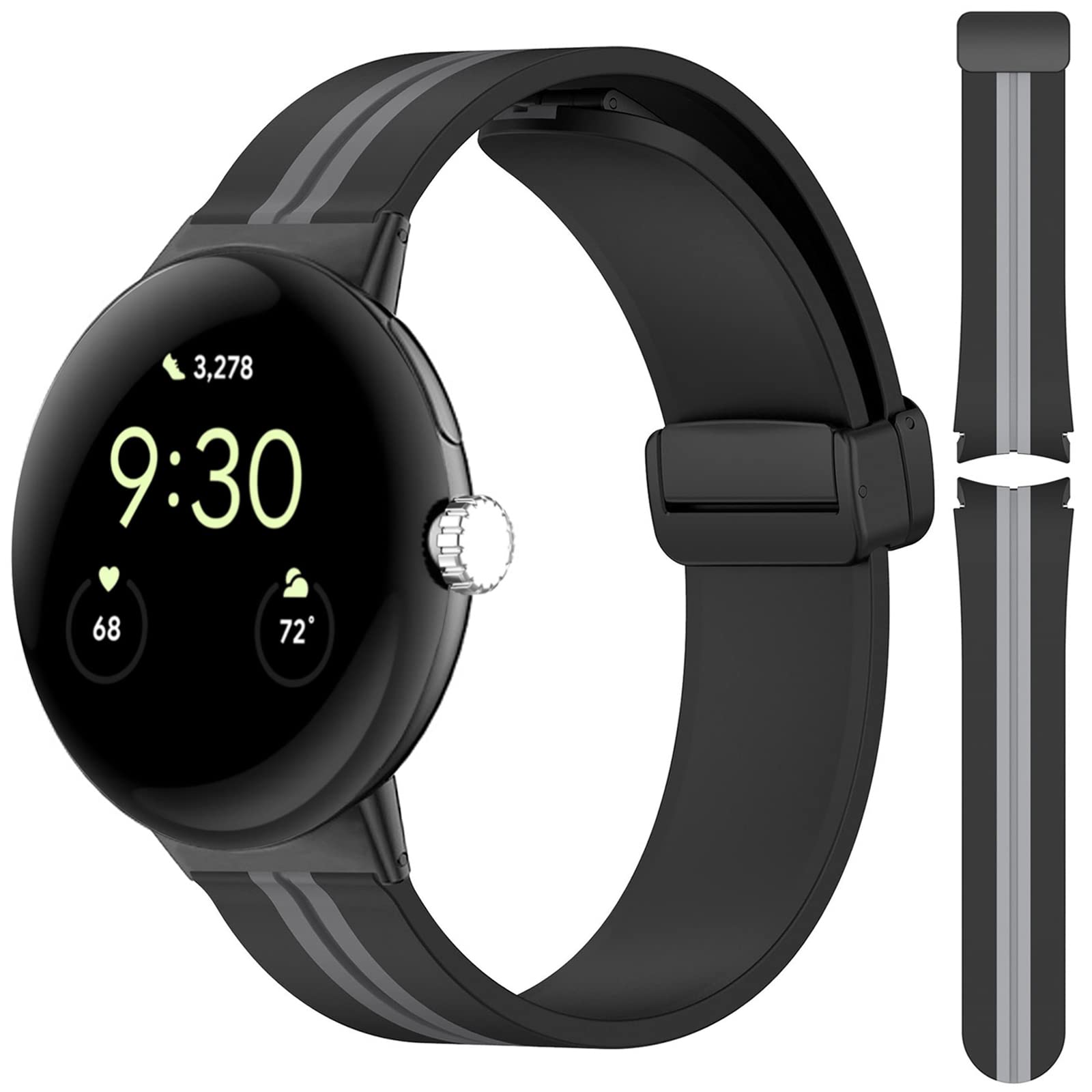 Miimall Strap for Google Pixel Watch 2/ Pixel Watch, [No Gap] [Magnetic Folding Buckle] Soft Silicone Sports Band Lightweight Waterproof Replacement Wristband Strap for Pixel Watch (Black+Grey) — image 1
