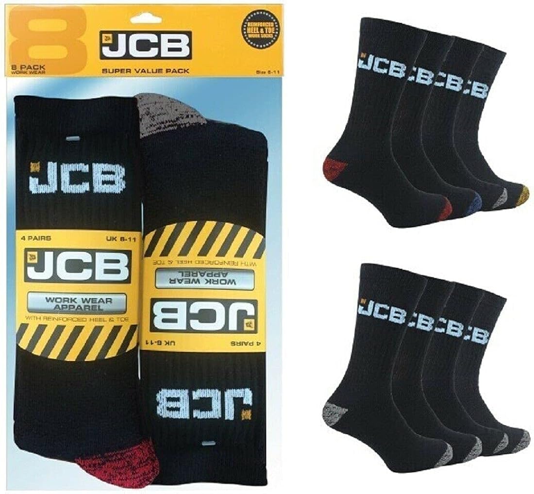 New JCB Work Socks 8 Pack Anti Shock & Reinforced Heel and Toe Size