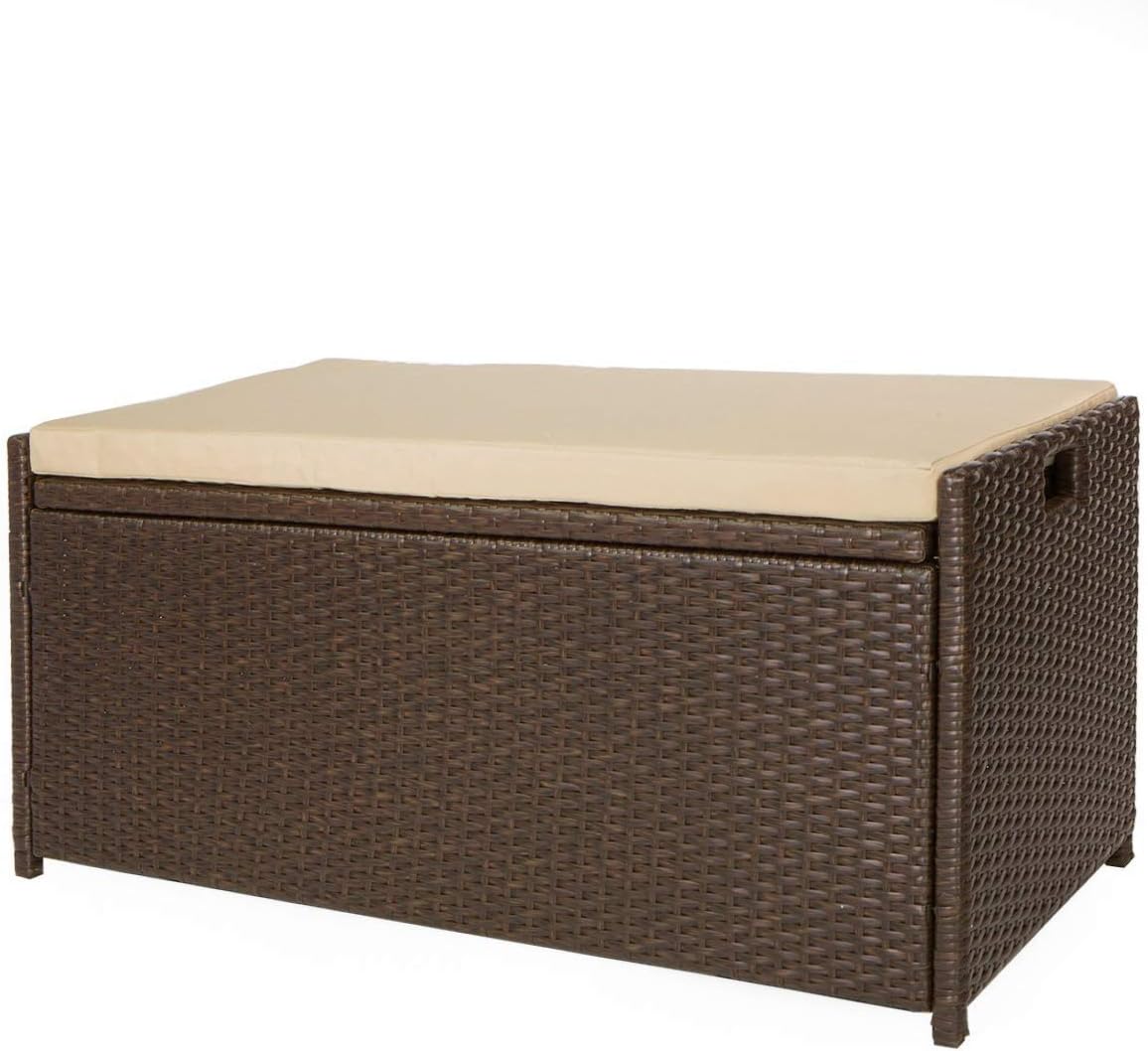 Victoria YoungResin Wicker Deck Box Storage Bench Container with Seat and Cushion Indoor and Outdoor Use, 60 Gallon, Espresso Brown