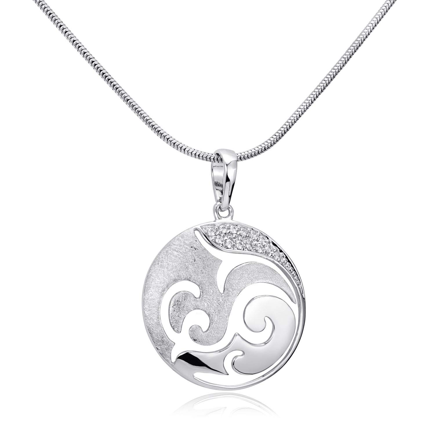 Materia Women's Necklace Pendant Round Silver 925 – Pendant Ornaments with Chain Matte + Rhodium-Plated in Jewellery Box, Sterling Silver, Cubic Zirconia
