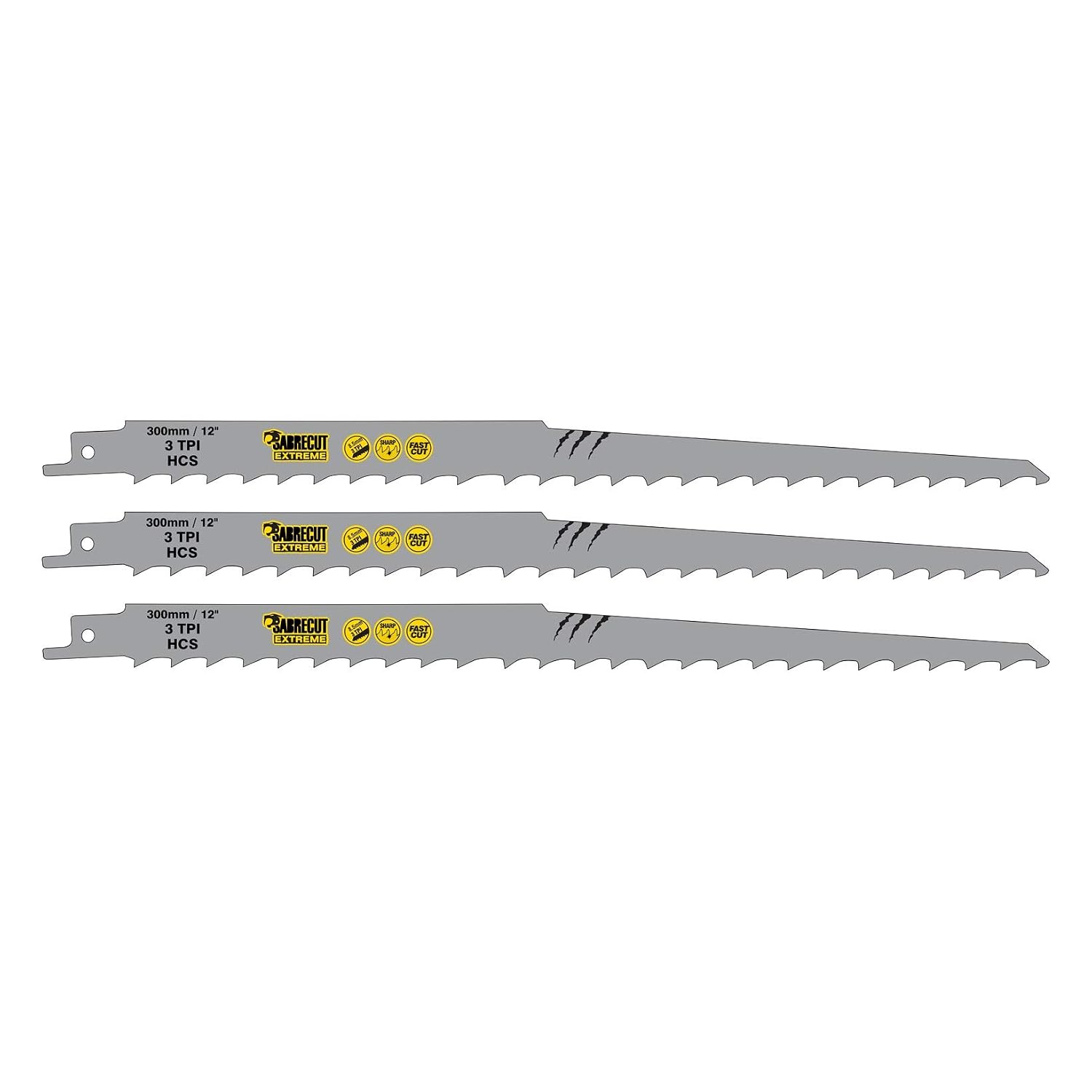 3 x SabreCut SCRS1617K_3 300mm 3 TPI S1617K Very Fast Wood Cutting Reciprocating Sabre Saw Blades, Green