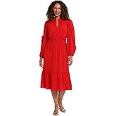 London Times Womens Midi Length Smocked Waist Split Neck Long Ruffle Sleeve Versatile Chic Polished Casual