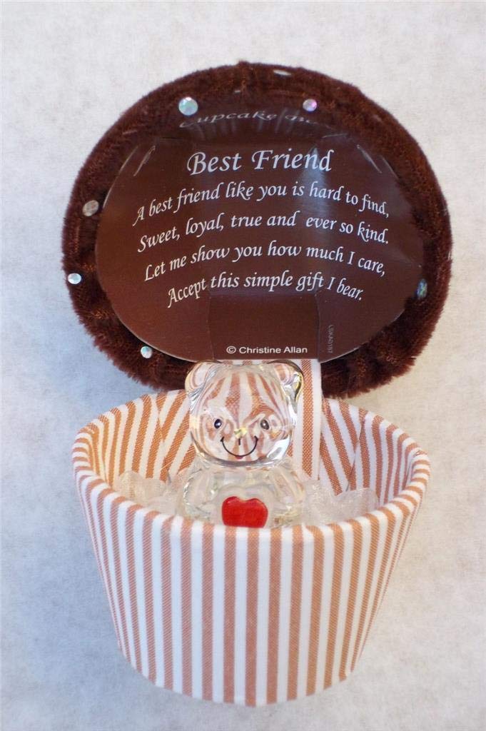 Cupcake Crystal Glass Teddy Bear Gift Set Boxes, Beautiful Inside Lid Engraved with a Lovely Poem, Personalized and Ornamental Gift Set for Special Occasion including Birthdays. (Best Friend)