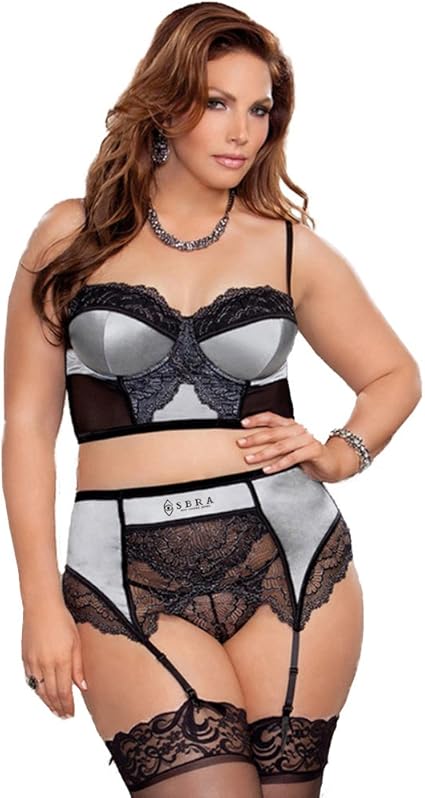Amazon.com: Sbra Women Plus Size Corset Bra and 4-Strap Garter Belt with Stocking Lingerie Sets 