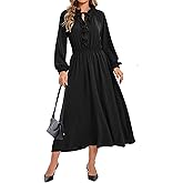 Ystguic Women's Casual Long Sleeve Fall Midi Flowy Empire Elastic Waist Dresses with Pockets