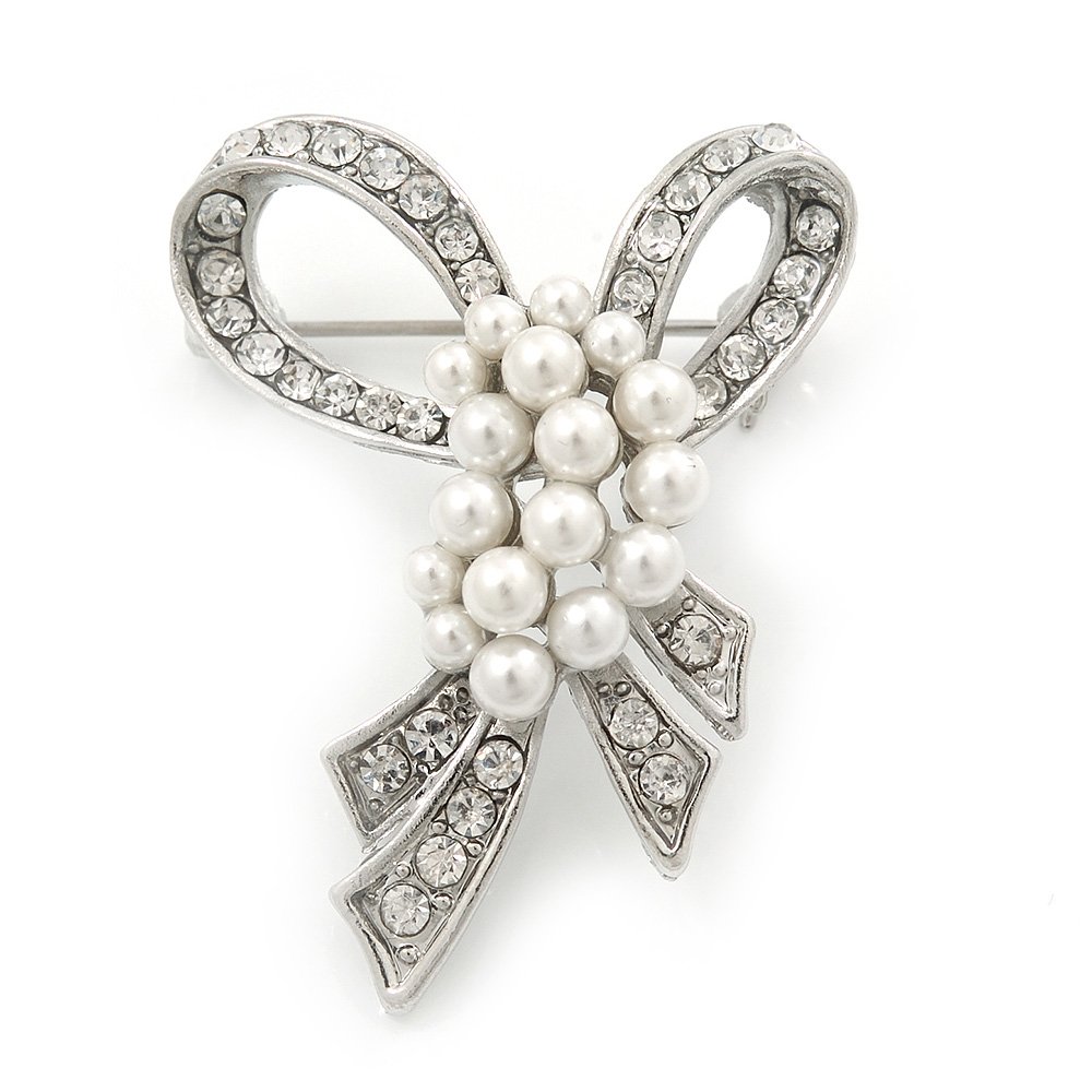 Small Contemporary Imitation Pearl Crystal Bow Brooch In Silver Plating - 4.5cm Length