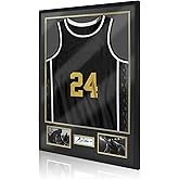 Jersey Frame Display Case for Football,Solid Wood Shadow Box with 98% UV Protection Acrylic,Two Photo Frame One Signature for Baseball, Basketball, Hockey, Uniforms - Black Walnut Finish