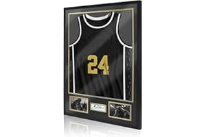 ASMILEINDEEP Jersey Frame Display Case for Football,Solid Wood Shadow Box with 98% UV Protection Acrylic,Two Photo Frame One Signature for Baseball, Basketball, Hockey, Uniforms - Black Walnut Finish