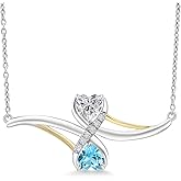 Gem Stone King 925 Silver and 10K Yellow Gold Lab Grown Diamond and Swiss Blue Topaz Pendant Necklace for Women | 1.05 Cttw | Gemstone April Birthstone | Heart Shape 5MM | With 18 Inch Chain