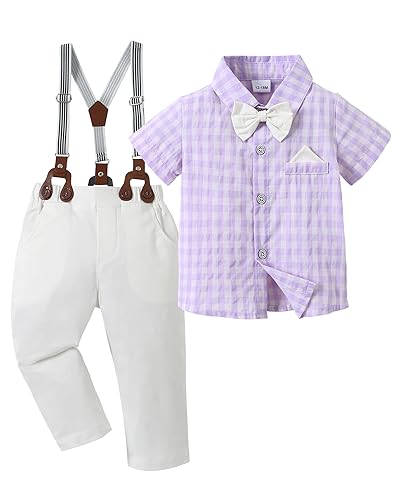 DISAUR Toddler Boy Wedding Outfits Short Sleeve Purple Dress Shirt Bow Tie  Suspender White Pants Baptism Outfits For Boys 12 Months 1t 18 Months in
