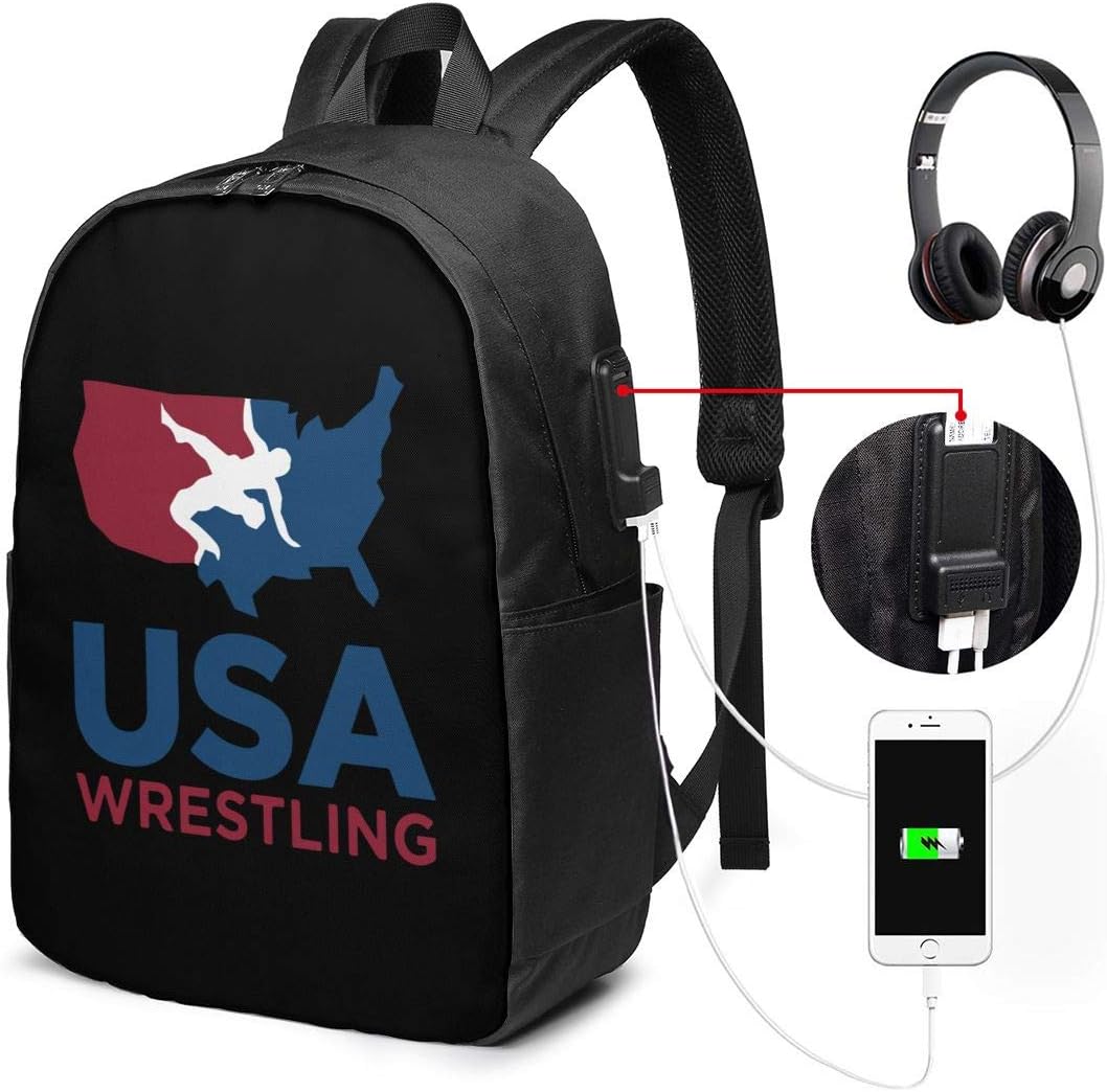 Fziee USA Wrestling Travel Backpack, Business Laptop School Bookbag with USB