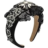 Florate Floral Sequin Headband for Women Big Crystal Flower Bling Bling Sequined Sparkly Elegant Decorative Hairband Hair Accessories (H1092-black)