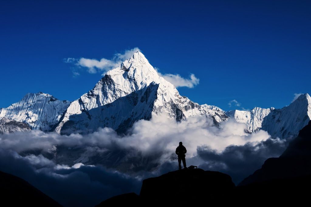 Man Hiking Silhouette in Mount Everest Himalayan Mountains Photo Cool Wall Decor Art Print Poster 18x12