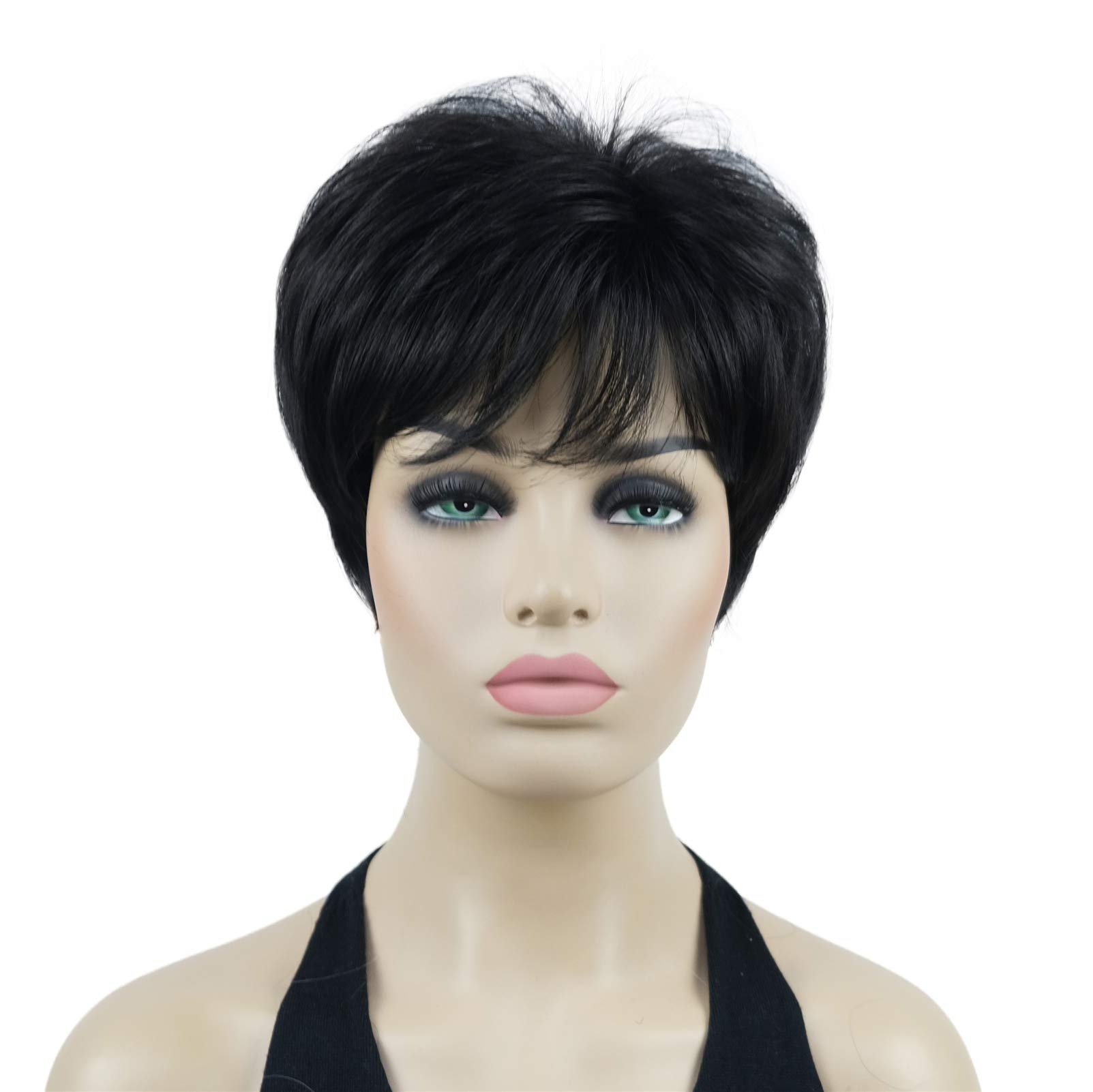 Lydell 8" Short Straight Women Wigs Layered Natural Heat Resistant Synthetic Wigs (Natural Black)