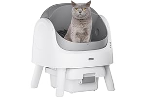 Puemin Self Cleaning Litter Box, Automatic Open Top Cat Litter Box, Integrated Safety Protection Self Cleaning Litter Box with Mat & Liner, White & Grey