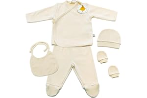 BUNNYBOO GOTS Certified 100% Organic 5 Piece Basic Essentials Layette Set for Newborn Baby Boys and Girls White