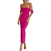 PRETTYGARDEN Womens 2026 Summer Off The Shoulder Dress Ruched Bodycon Sleeveless Split Cocktail Party Maxi Dresses