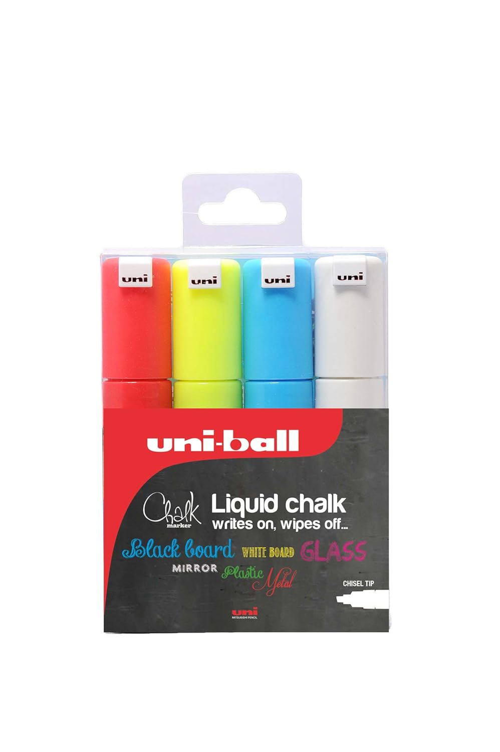 uni Chalk Markers PWE8K Broad Tip Marker Assorted Colour, Pack of 4