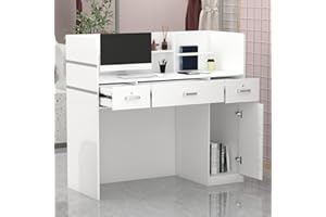 AGOTENI Reception Desk Reception Stations with Open Shelf & Drawers, Wooden Counter Desk with Lockable Drawer for Office Reception Room (White)