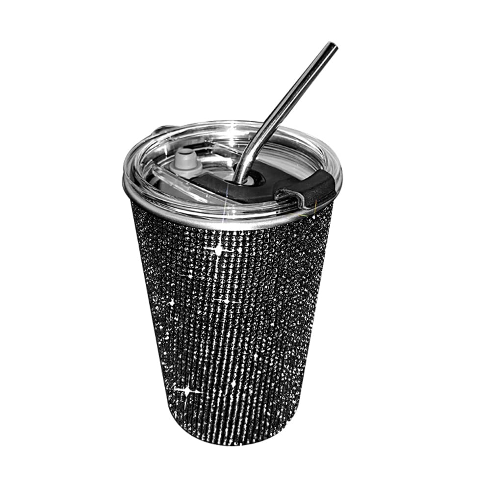 Asudaro Stainless Steel Coffee Cup, Crystal Drink Cup Bling Cup Insulated Stainless Steel Travel Tumbler with Straw Water Cup Straight Cup for Home Office