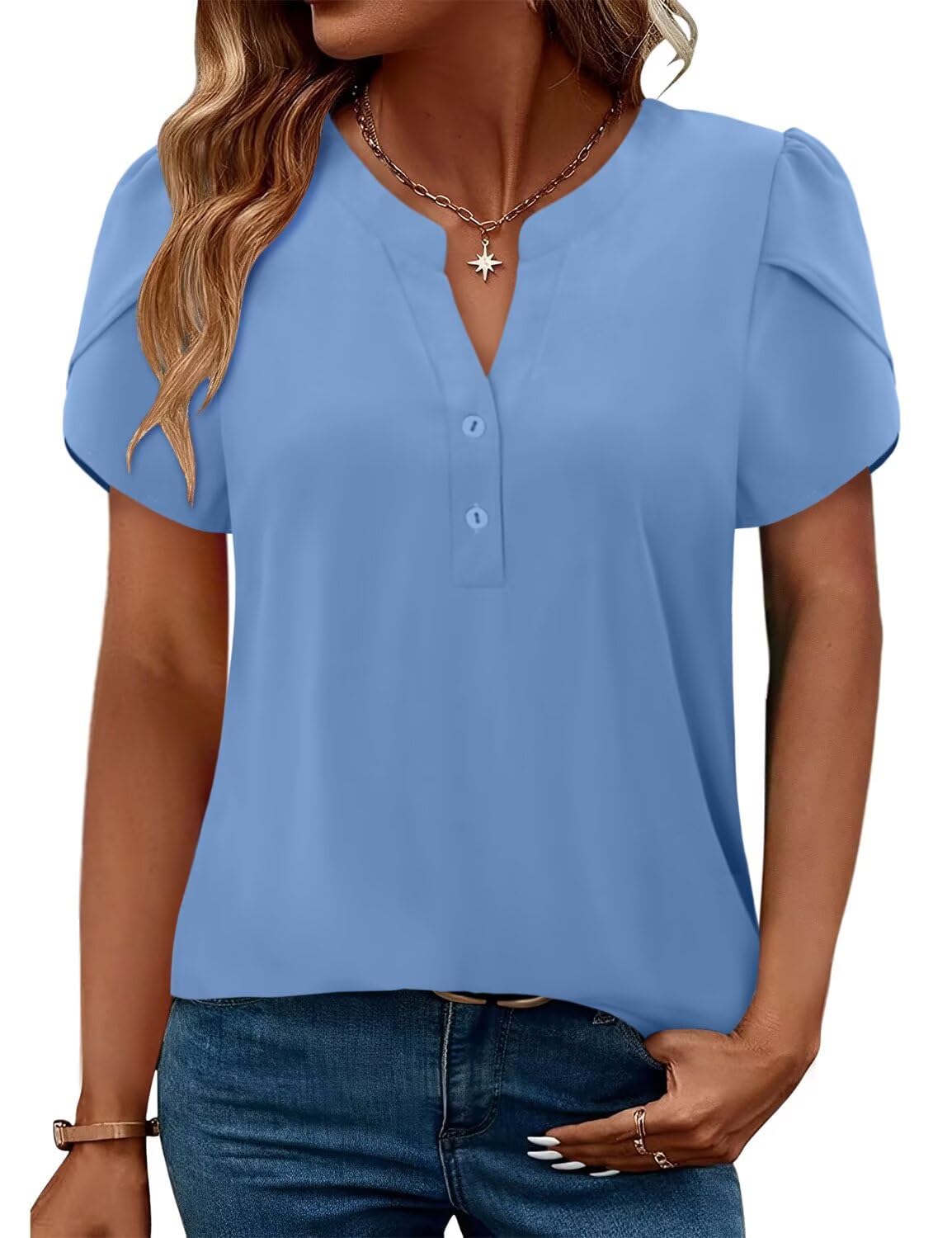Photo 1 of 2025 Fall Solid T-Shirt for Women Fashion Business Casual Button V Neck Henly Top Sky Blue Loose Fit Ruffle Short Sleeve Tshirts XXL