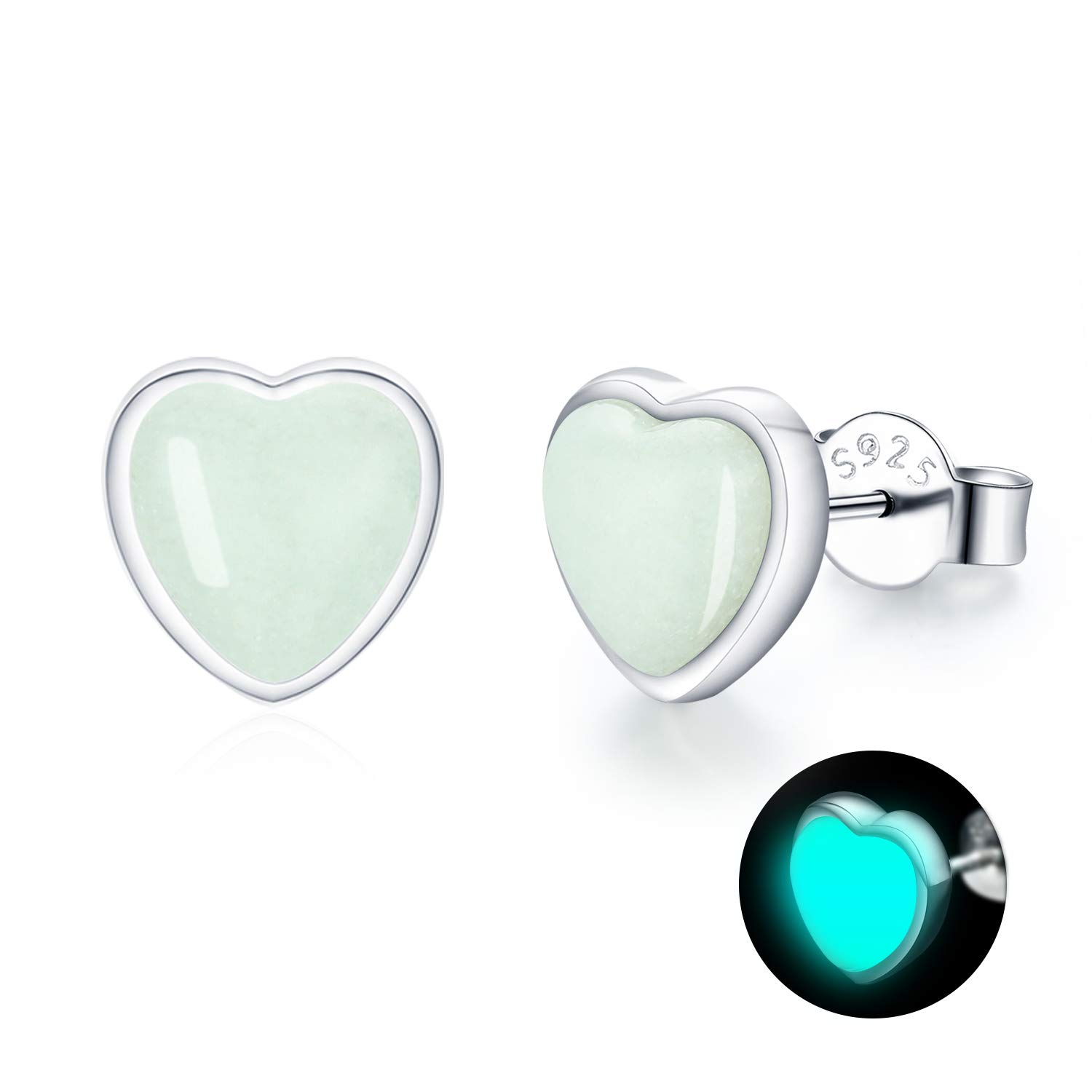 Heart Shaped Stud Earrings 925 Sterling Silver Glowing in the Dark Hypoallergenic Love Heart Earrings Interesting Jewellery Gifts for Women Girls Kids 7.5 mm S