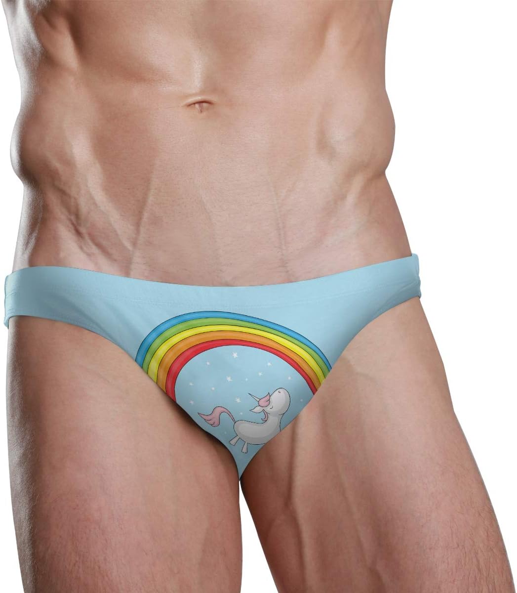 DallonanMen Swim Brief Bikini Cartoon Unicorn Under Rainbow Beach Bikini for Men Swim Underwear Small