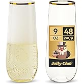 JOLLY CHEF 48 Pack Plastic Champagne Flutes, 9 oz Gold Stemless Champagne Flutes, Plastic Champagne Glasses, Shatterproof Recyclable Mimosa Glasses for Party, Wedding, Christmas, Birthday
