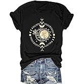 Women Mystical Moon and Sun Flower Shirt Vintage Wildflower T Shirts Boho Graphic Tees Short Sleeve Celestial Moon Tops
