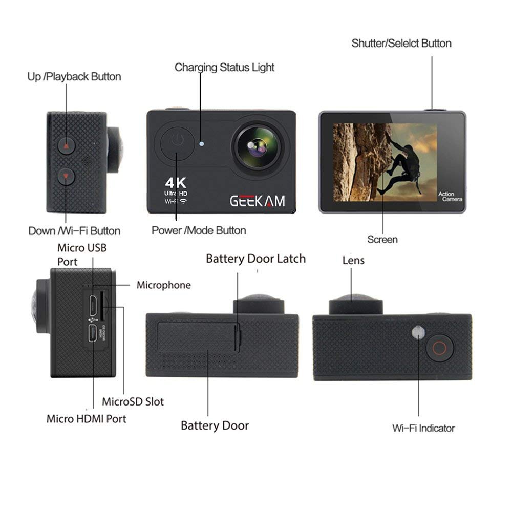 GeeKam Action Camera 4K WiFi Ultra HD Underwater 30M Waterproof 170° Wide Angle Lens Sports Camcorder with Remote Control 2 Rechargeable Batteries and Mounting Accessories Kit