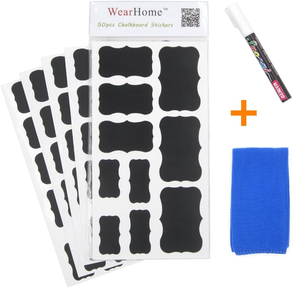 Chalkboard Labels (50pcs) with Chalkboard Marker and Cleaning Cloth, Jars Tins or Any Other Containers Chalkboard Stickers for Your Home Office Kitchen Rewritable label stickers by WearHome