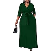 Nmoder Plus Size Maxi Dress for Women - Summer Casual 3/4 Sleeve Floral Flowy Long Dress with Belt XL- 6XL