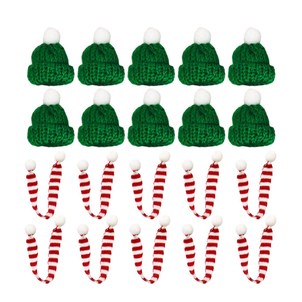 Amosfun 20pcs Christmas Mini Knit Hat Scarf Xmas Tree Ornaments Miniature DIY Hair Accessories Crafts Cute Doll Hat Jewelry Making