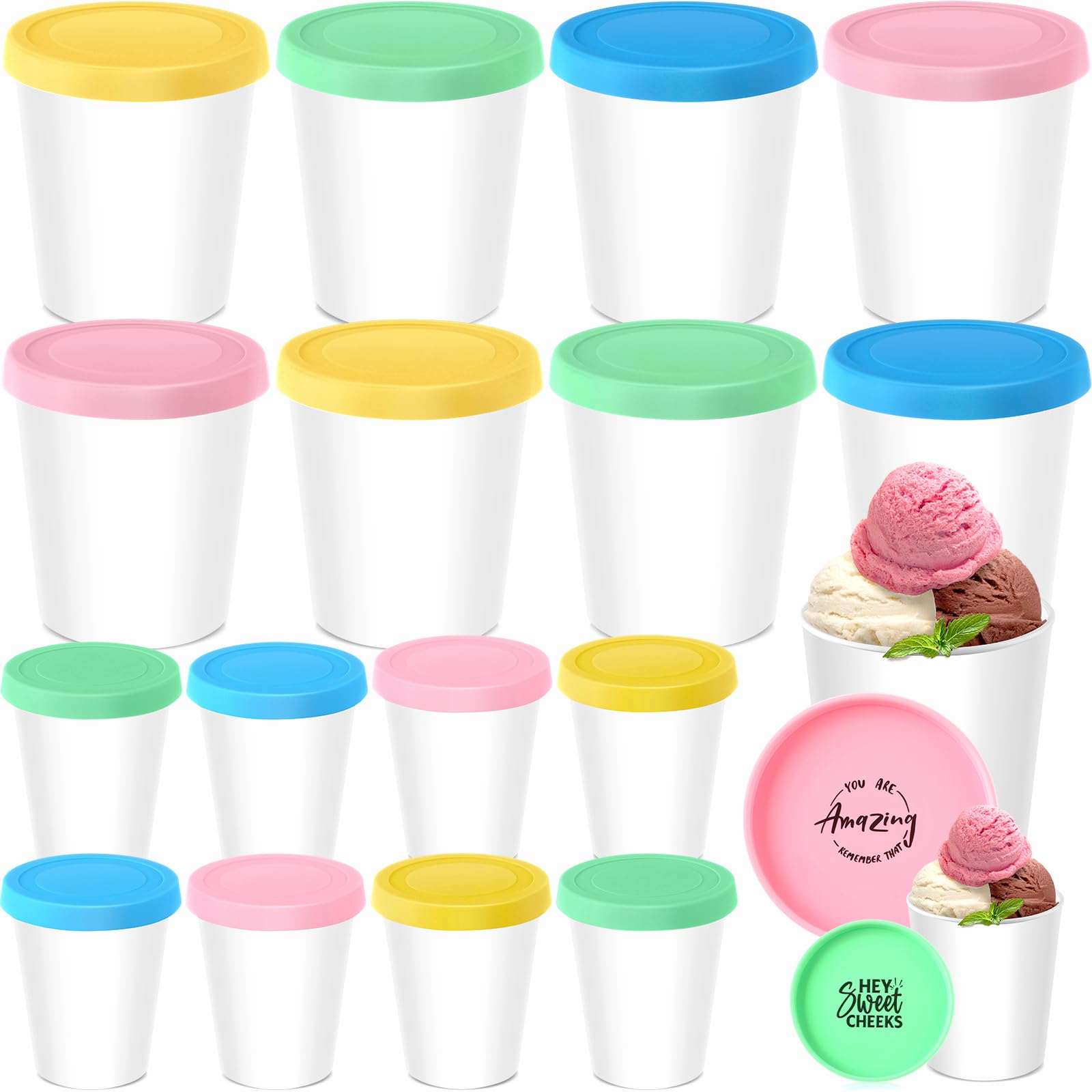 Photo 1 of Blushtier 16 Pack Ice Cream Containers with Lids 1 quart and 8oz Reusable Plastic Homemade Ice Cream Storage Containers with Encouraging Words Lids for Freezer Chocolate Sorbet